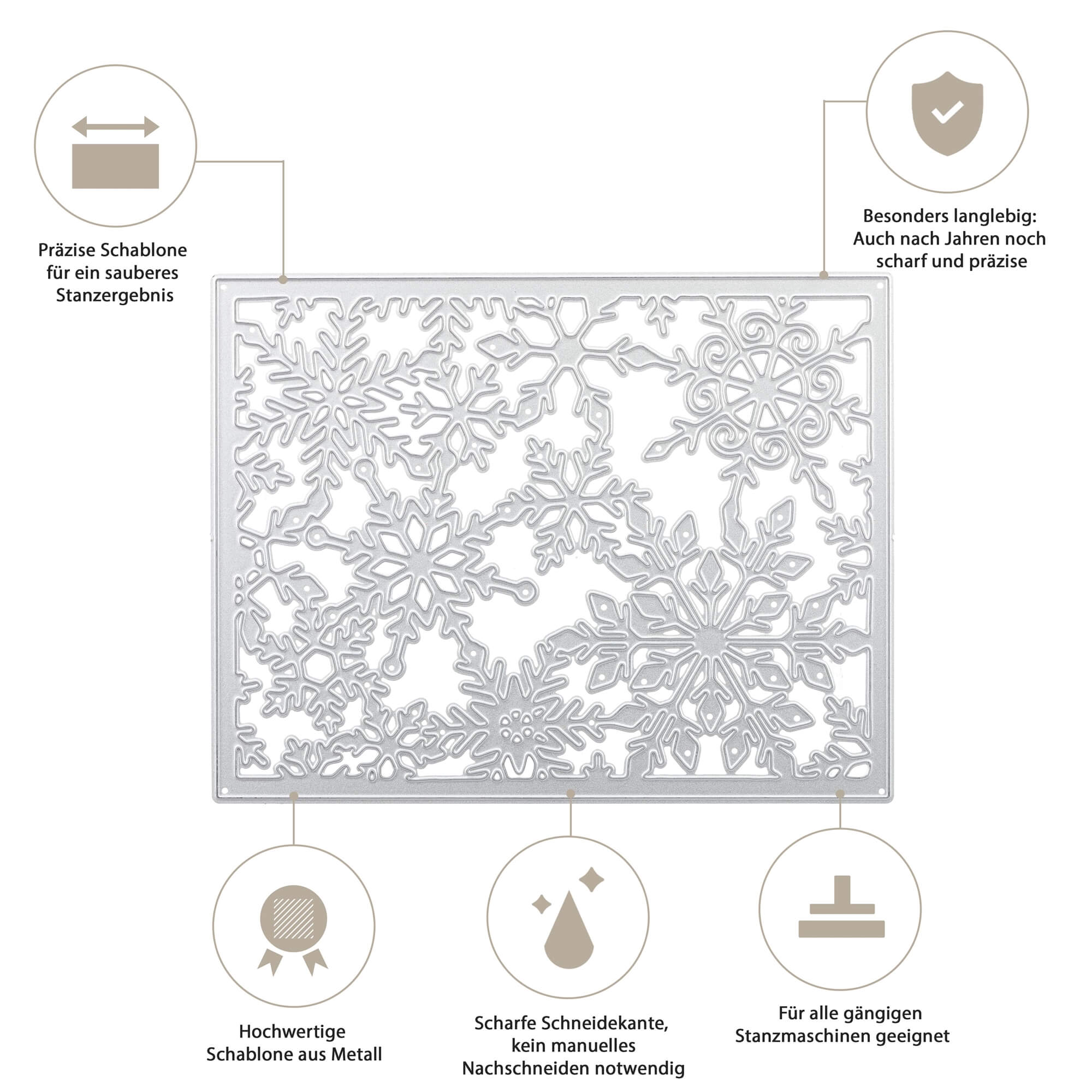 Die Stanzenshop.de Stanzschablone: Schneekristalrahmen ist eine silberne rechteckige Metallstanze mit filigranen Schneeflockenmustern, ideal für Winterzauber Basteln und hervorgehoben durch deutsche Icons für Schärfe, Haltbarkeit und Kompatibilität.