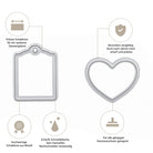 Zwei Stanzschablonen aus Metall - rechteckig mit Kerbe und herzförmig - aus dem Stanzenshop.de-Set "Stanzschablone: Tassen"-Set, abgebildet mit deutschem Text und Symbolen für Haltbarkeit/Schärfe. Perfekt zum Basteln oder Tassen gestalten.