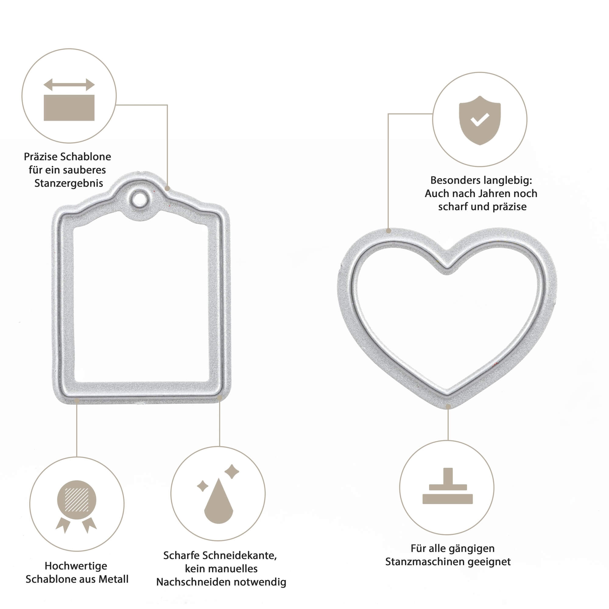 Zwei Stanzschablonen aus Metall - rechteckig mit Kerbe und herzförmig - aus dem Stanzenshop.de-Set "Stanzschablone: Tassen"-Set, abgebildet mit deutschem Text und Symbolen für Haltbarkeit/Schärfe. Perfekt zum Basteln oder Tassen gestalten.