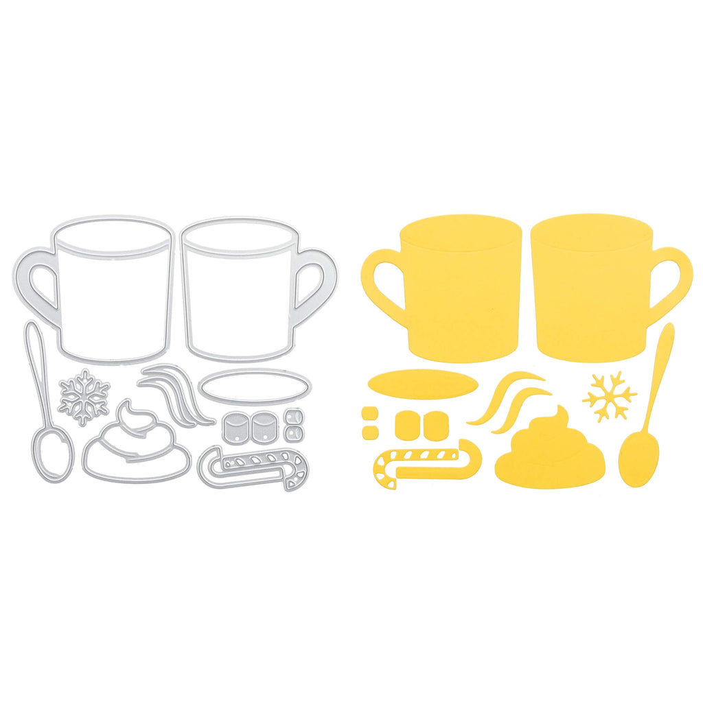 Eine Sammlung von Stanzschablonen: Tassen von Stanzenshop.de, Kaffeebecher und Löffel vor einem leuchtend gelben Hintergrund.