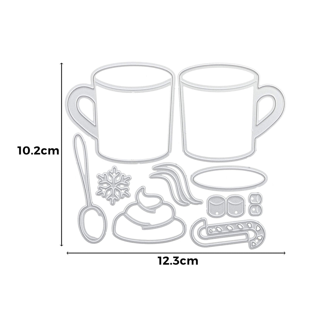 Ein Set aus Kaffeebechern und Utensilien mit Maßangaben namens „Stanzschablone: Tassen“ von Stanzenshop.de.
