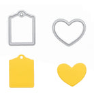 Vier Formen auf weißem Hintergrund - ein silberner und gelber Anhänger, sowie ein silbernes und gelbes Herz - ideal als Bastelzubehör für Tassen gestalten mit der Stanzschablone: Tassen von Stanzenshop.de oder für Ihre kreativen Projekte.