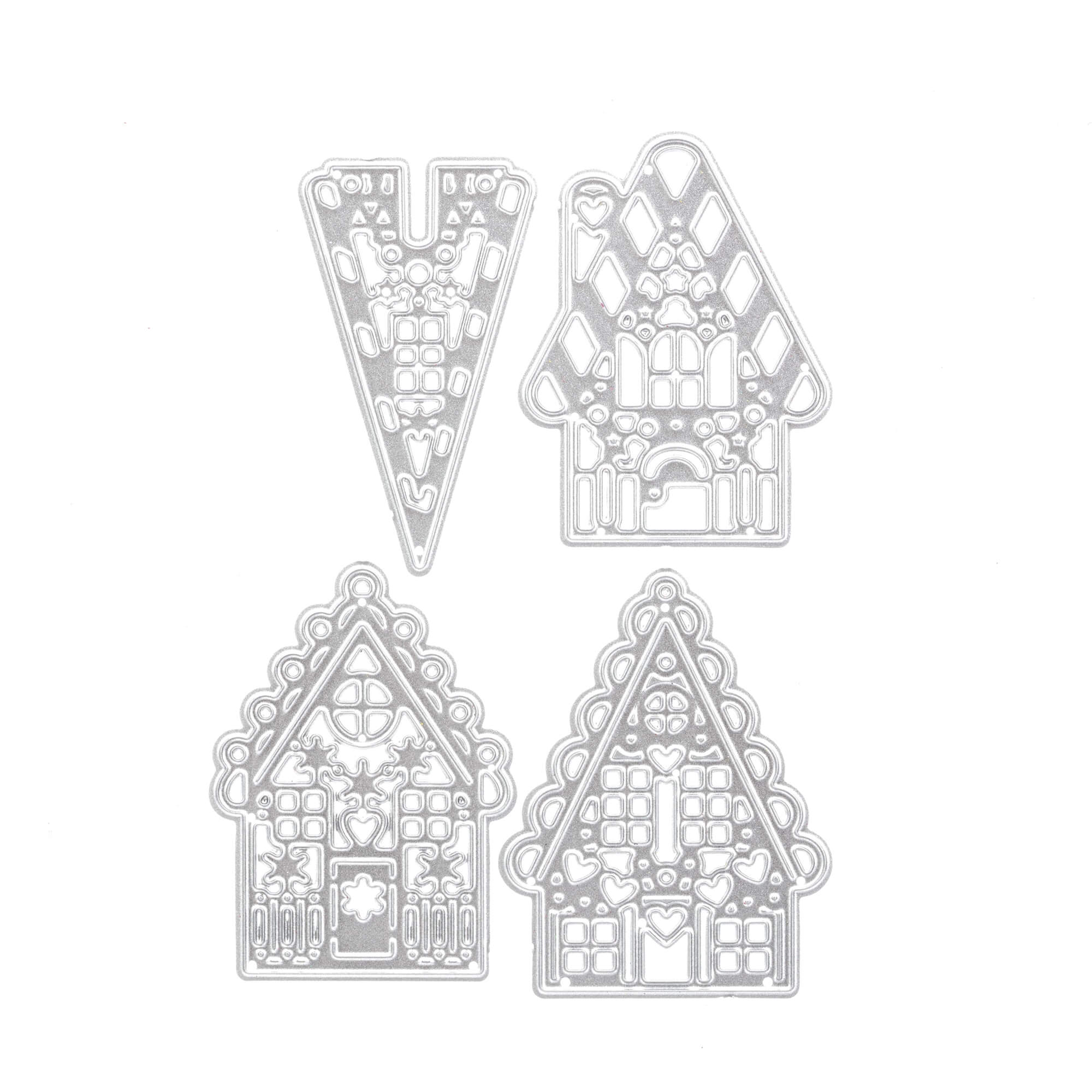 Die Stanzschablone "Vier kleine Knusperhäuser" von Stanzenshop.de enthält filigran verzierte Häuschen und Dächer - ideal für kreative Winterlandschaften und festliche Bastelprojekte.