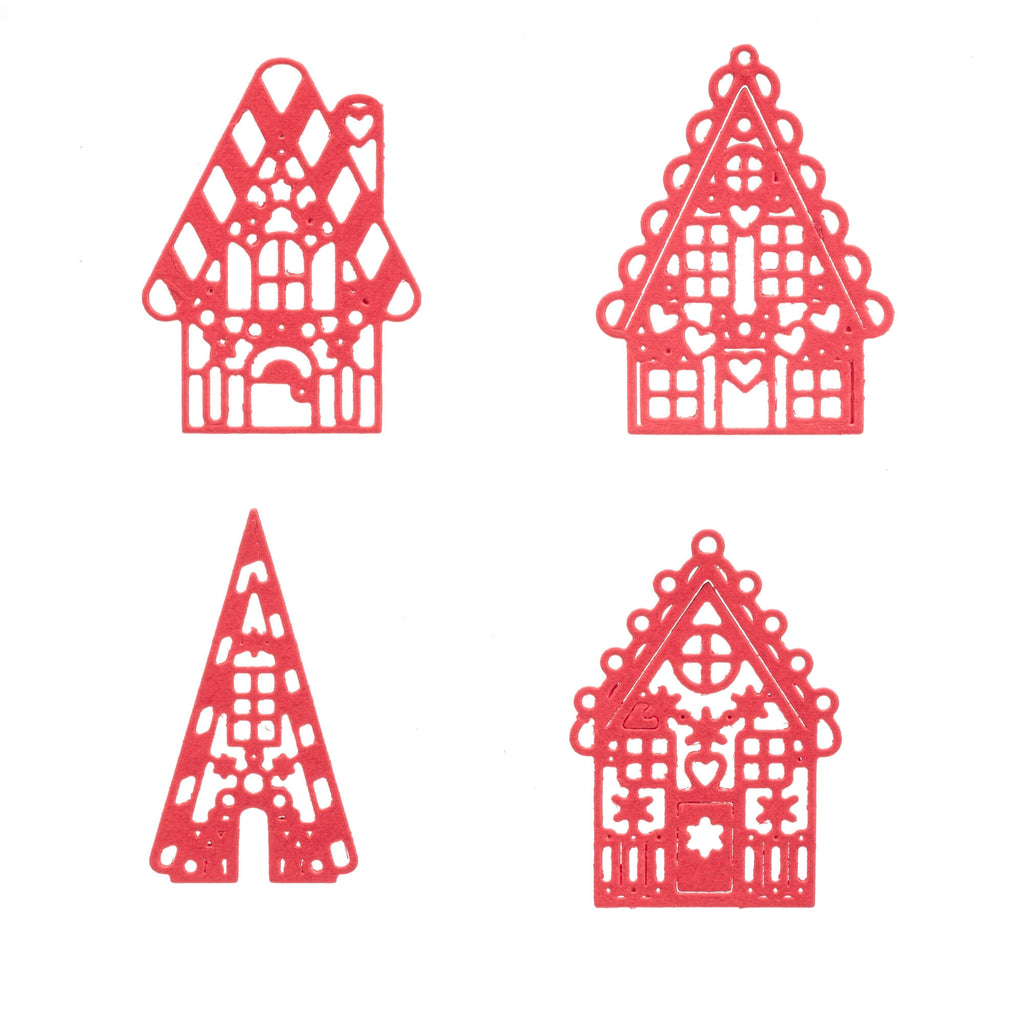 Ein Satz von vier Stanzschablonen: Vier kleine Knusperhäuser Lebkuchenhaus-Ausschnitte, perfekt für Bastelprojekte und Winterlandschaften von Stanzenshop.de.