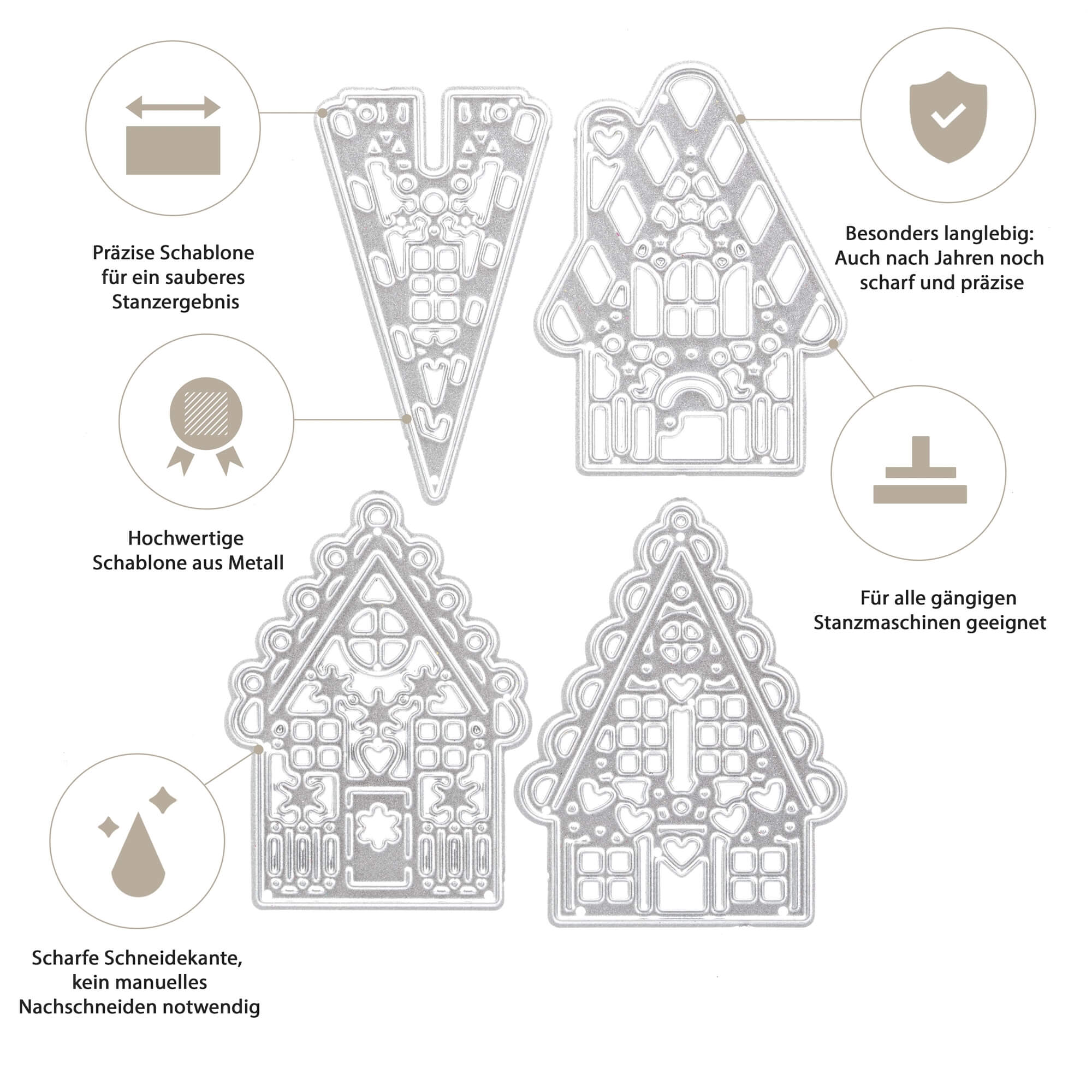 Die Stanzenshop.de Stanzschablone: Vier kleine Knusperhäuser enthält präzise, langlebige Metallstempel - perfekt zum Basteln von festlichen Knusperhäusern oder einer zauberhaften Winterlandschaft mit Ihrer Stanzmaschine. Kompatibel und hochwertig für kreative Projekte.