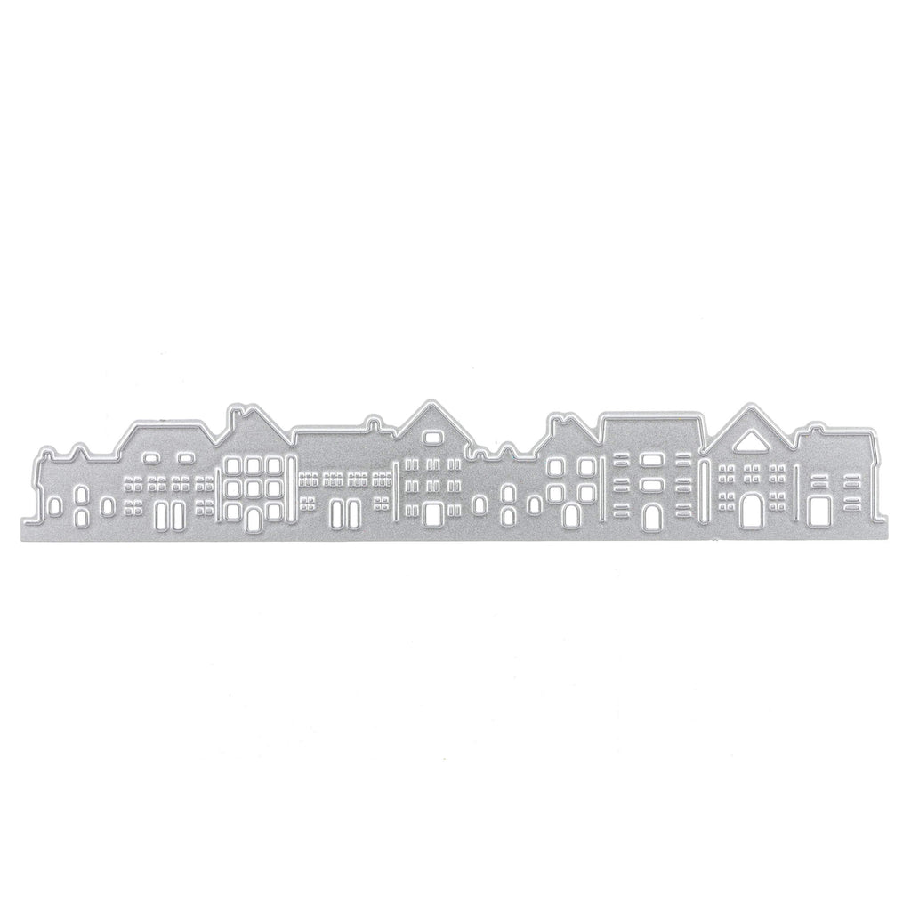 Ein weißes Blatt Papier mit einer Reihe Häuserzeile von Stanzenshop.de darauf, ideal für Stanzschablonen und Bastelprojekte.