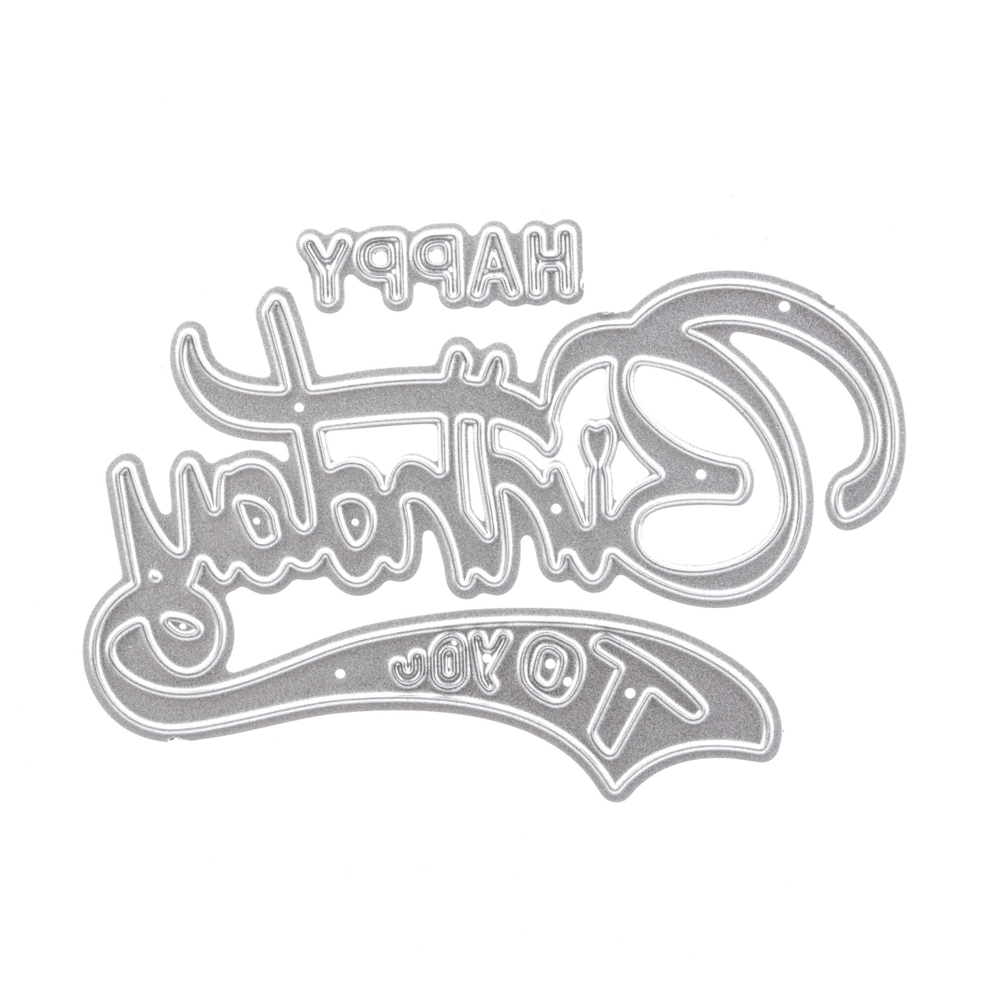 Die Stanzschablone: Happy Birthday von Stanzenshop.de ist ein Metallic-Würfel mit verspiegeltem "Happy Birthday To You" Text - ideales Bastelzubehör für kreative Geburtstagskarten.