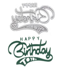 Die Stanzschablone von Stanzenshop.de: Happy Birthday enthält zwei stilisierte Ausschnitte - einen silber verspiegelten, einen grünen normalen - ideales Bastelzubehör für elegante Geburtstagskarten in dekorativer Schrift gestalten.