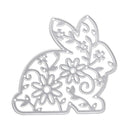 Die Stanzenshop.de Stanzschablone: Hase mit Blumenmuster ist ein silberner Metallstempel in Form eines Hasen mit Blumenmuster, ideal für Grußkarten und kreative Bastelprojekte.