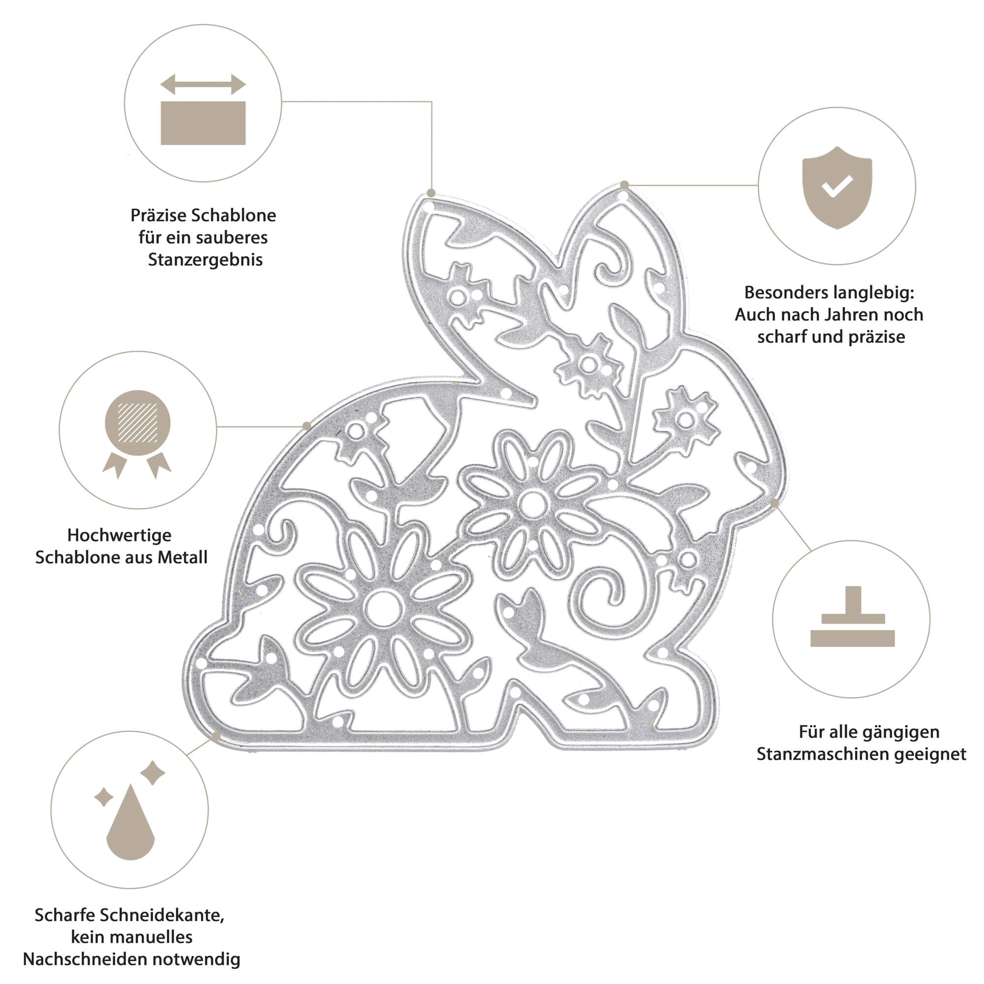 Die Stanzschablone: Hase mit Blumenmuster von Stanzenshop.de eignet sich perfekt für Bastelprojekte und Grußkarten. Sie überzeugt durch präzise florale Designs, langlebiges Material und stilvolle Optik.