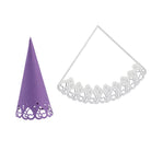 Eine lila Papiertüte mit dekorativem Rand sitzt neben der Stanzschablone: Schultüte von Stanzenshop.de und ist damit das ideale Bastelzubehör für alle, die ihre Schultüte ganz einfach selbst gestalten wollen.