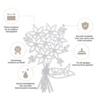 Infografik der Stanzenshop.de Stanzschablone: Blumenstrauß zeigt deutschen Text und Icons für präzise Schablone, scharfe Kante, hohe Haltbarkeit, und Qualitätsmetall - ideal für Bastelprojekte/Scrapbooking mit gängigen Maschinen.