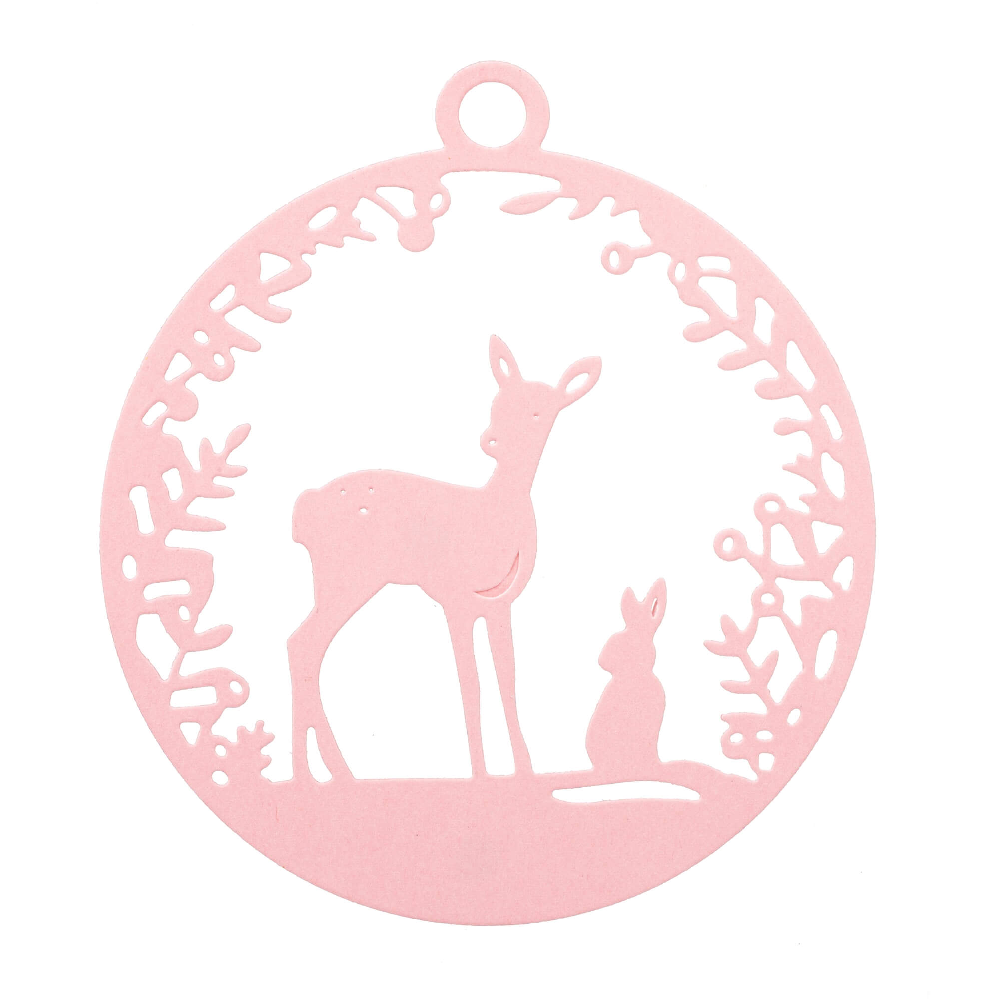 Die Stanzschablone: Reh mit Hase von Stanzenshop.de zaubert ein rosafarbenes, rundes Ornament mit Reh- und Hasensilhouetten, umrahmt von blättrigen Zweigen - ideal für Scrapbooking oder Bastelprojekte.