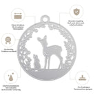 Die "Stanzschablone: Reh mit Hase" von Stanzenshop.de ist eine runde Metallstanze mit Reh-, Hasen- und Laubmotiven - ideal für Scrapbooking und Bastelprojekte. Vier deutsche Textboxen stellen die wichtigsten Eigenschaften vor.