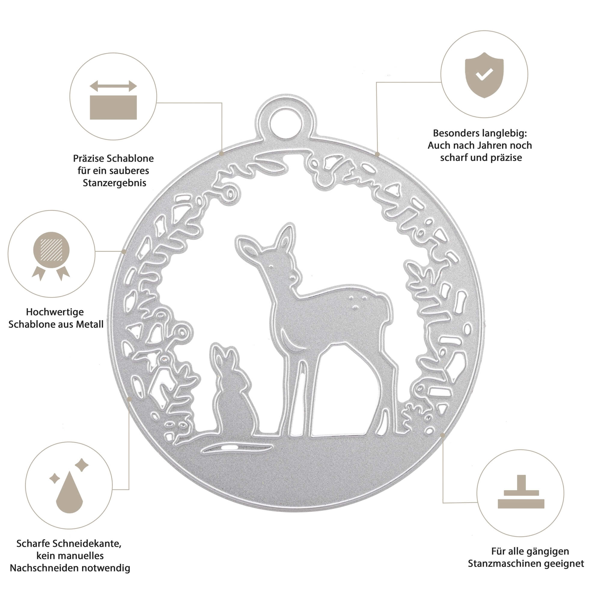 Die "Stanzschablone: Reh mit Hase" von Stanzenshop.de ist eine runde Metallstanze mit Reh-, Hasen- und Laubmotiven - ideal für Scrapbooking und Bastelprojekte. Vier deutsche Textboxen stellen die wichtigsten Eigenschaften vor.