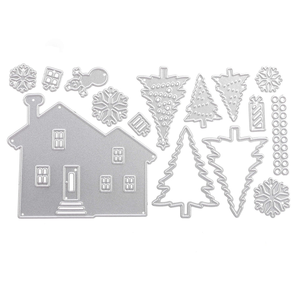 Ein Set von Stanzenschop.de Stanzschablonen: Haus mit Tannen, das ein Haus, Bäume und Schneeflocken für Bastelprojekte enthält.