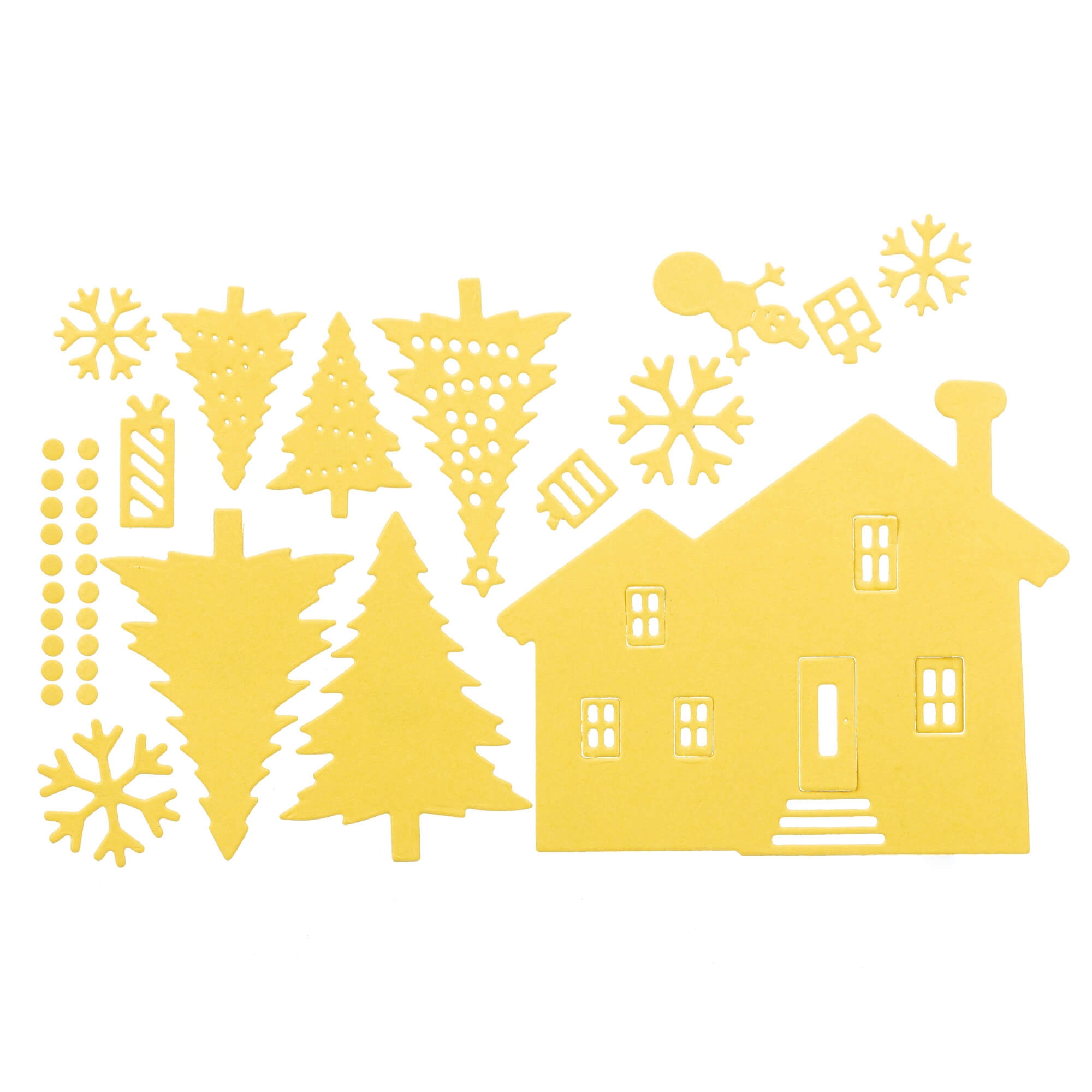 Die Stanzschablone "Haus mit Tannen" von Stanzenshop.de stanzt Haus- und Tannenmotive - ideal für Scrapbooking oder Bastelprojekte.