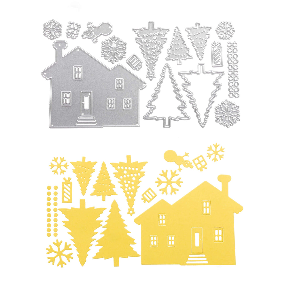 Ein Satz Stanzenshop.de Stanzschablonen mit einem Haus und Schneeflocken, perfekt für Bastelprojekte.