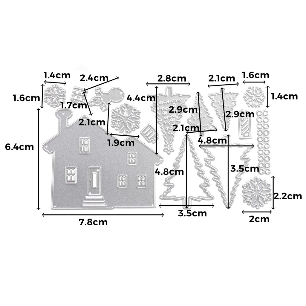 Ein Diagramm, das die Maße einer Stanzschablone zeigt: Haus mit Tannen Haus mit Tannenbäumen von Stanzenshop.de.