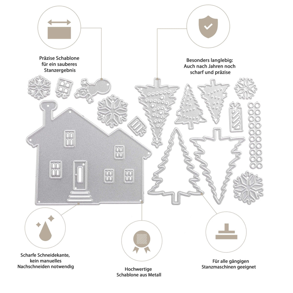 Ein Diagramm, das verschiedene Teile eines Hauses zeigt, die in Bastelprojekten verwendet werden, unter Verwendung der Stanzschablone: Haus mit Tannen von Stanzenshop.de.