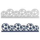 Die Stanzenshop.de Stanzschablone: Fußballreihe ist eine silberne Stanzform, die eine Reihe von Fußbällen ausschneidet, die über einem schwarzen Papierausschnitt abgebildet sind - ideal für Scrapbooking- oder Kartengestaltungsprojekte.