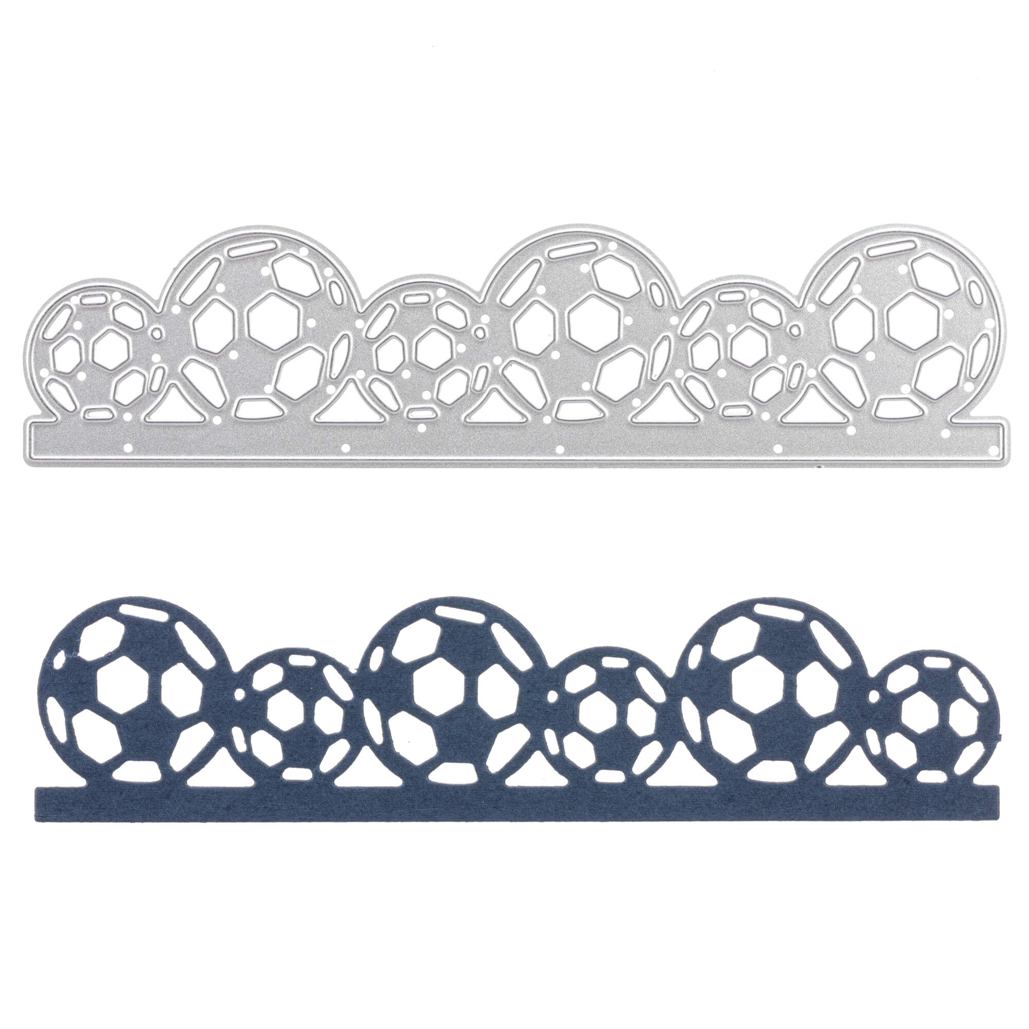 Die Stanzenshop.de Stanzschablone: Fußballreihe ist eine silberne Stanzform, die eine Reihe von Fußbällen ausschneidet, die über einem schwarzen Papierausschnitt abgebildet sind - ideal für Scrapbooking- oder Kartengestaltungsprojekte.