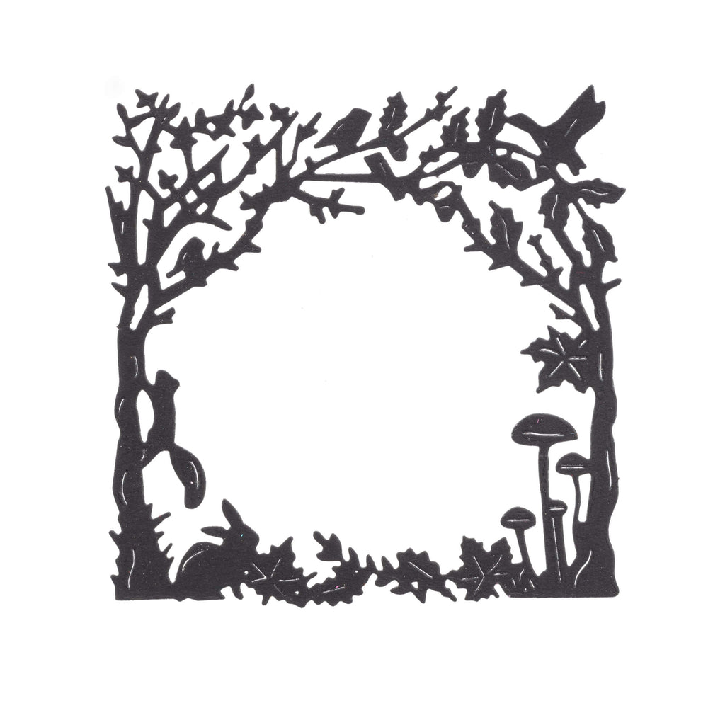 Silhouetten-Stanzschablone: Herbstwald-Szene mit Vögeln und Tieren, die einen quadratischen Rahmen bilden von Stanzenshop.de.