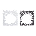 Set aus zwei quadratischen Rahmen aus der Stanzschablone: Herbstwald von Stanzenshop.de mit Zweigen, Blättern, Pilzen und Vögeln - perfekt für herbstliche Bastelprojekte. Ein Rahmen ist silber, der andere schwarz.