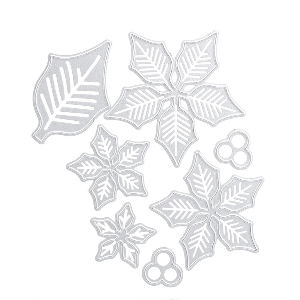 Ein Satz Stanzenshop.de Stanzschablonen: Weihnachtsblume mit Schneeflocken und Blättern auf weißem Hintergrund.