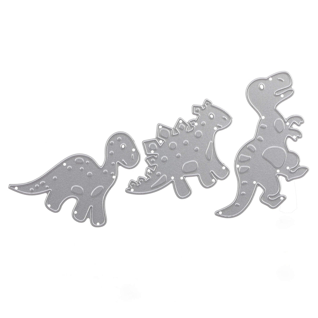 Ein Set aus drei Metall-Stanzschablonen: Dinos-Dinosaurier von Stanzenshop.de für Bastelprojekte auf weißem Hintergrund.
