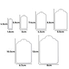 Abgebildet sind sechs dekorative rechteckige Anhänger mit Wellenschliff in aufsteigender Größe, jeweils mit Angabe der Maße in Zentimetern - ideal als individuelle Etiketten oder als "Stanzschablone: Etiketten" von Stanzenshop.de.