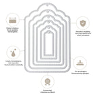 Die Stanzschablone: Etiketten von Stanzenshop.de ist ein Set aus sechs ineinander geschachtelten Metallstanzformen (8 x 12cm), die sich durch dekorative Kanten, Präzision, Langlebigkeit, Kompatibilität und hochwertiges Material für individuelle Etiketten auszeichnen.