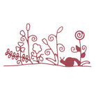 Die "Stanzschablone: Blumen mit Schnecken" von Stanzenshop.de zeigt stilisierte Blumen, Pflanzen und ein kleines Kaninchen in rötlichen Tönen - ideal für Bastelprojekte oder Scrapbooking auf weißem Hintergrund.