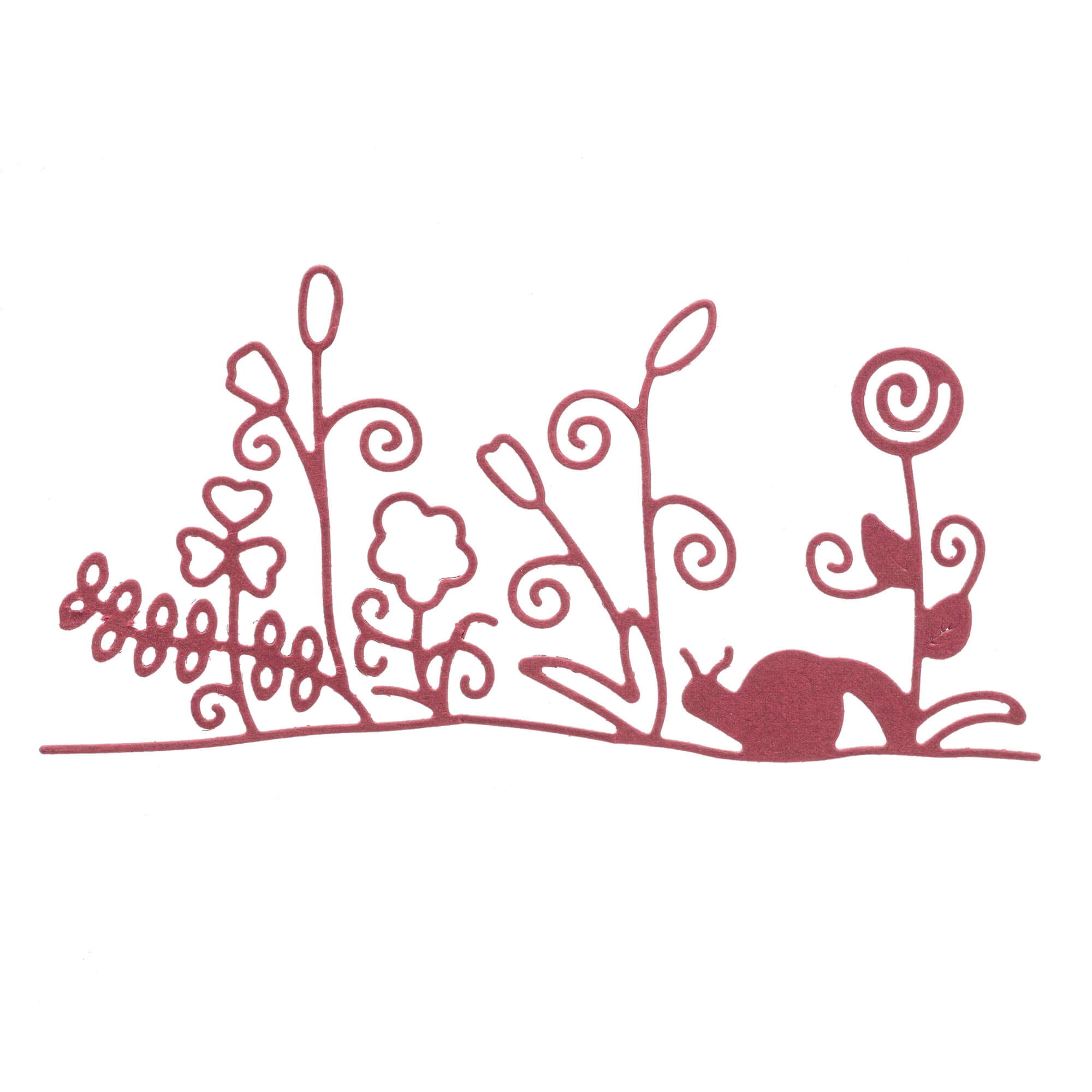 Die "Stanzschablone: Blumen mit Schnecken" von Stanzenshop.de zeigt stilisierte Blumen, Pflanzen und ein kleines Kaninchen in rötlichen Tönen - ideal für Bastelprojekte oder Scrapbooking auf weißem Hintergrund.