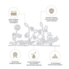 Diagramm zur Hervorhebung der Merkmale der Stanzschablone: Blumen mit Schnecken von Stanzenshop.de-Präzision, Haltbarkeit, scharfe Kanten, hochwertiges Material und Kompatibilität mit gängigen Stanzmaschinen. Inklusive deutscher Etiketten.