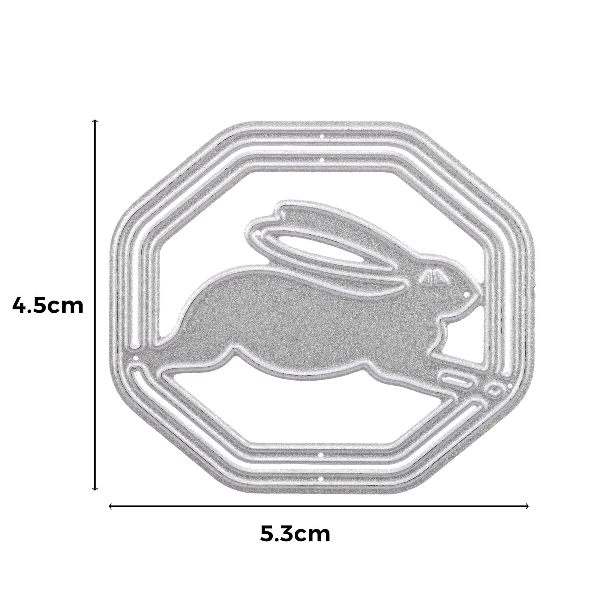 Die Stanzschablone von Stanzenshop.de: Hase im Rahmen ist ein silberner Metallstempel, 4,5 cm hoch x 5,3 cm breit, der einen Hasen in einem achteckigen Rahmen zeigt - ideal für Osterdekoration und kreatives Basteln.