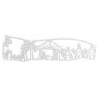 Silberne Konturen-Illustration einer Krippenszene mit Figuren, Tieren und Bäumen unter einem Stall-ideal für Weihnachtskarten oder als Inspiration für dein Projekt mit der Stanzschablone: Krippenausschnitt von Stanzenshop.de.