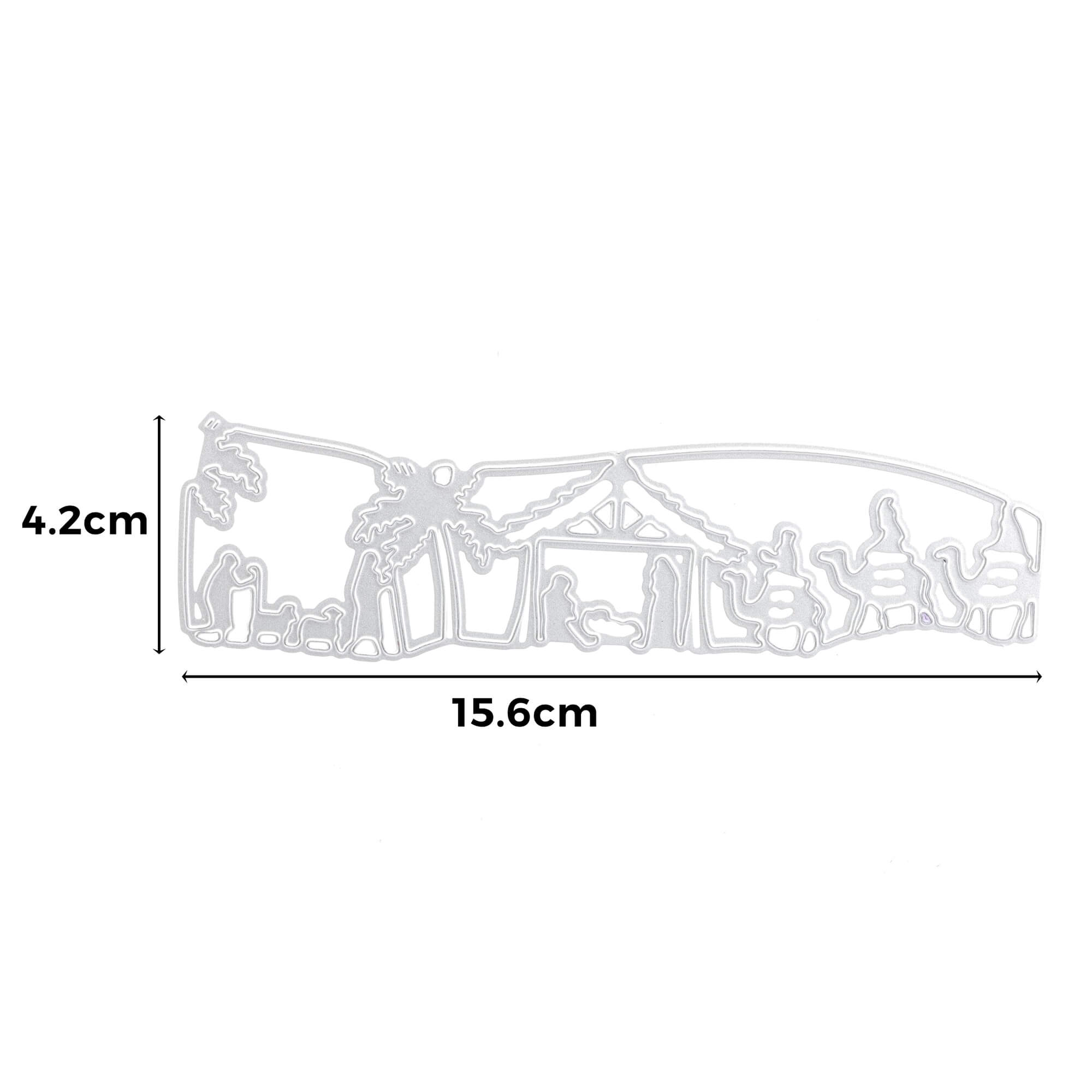 Die Stanzschablone: Krippenausschnitt von Stanzenshop.de zeigt eine Krippenszene mit Palmen, Stall und Figuren. Ideal zum Basteln von Weihnachtskarten. Größe: 15,6 x 4,2 cm - verleiht Ihren Bastelprojekten einen festlichen Akzent.