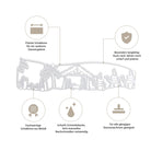 Infografik mit der Stanzenshop.de Stanzschablone: Krippenausschnitt, mit vier Icons und deutschem Text, der die Präzision, Langlebigkeit, hochwertiges Metall, scharfe Kanten und perfekte Eignung für Weihnachtskarten basteln zeigt.