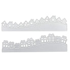 Die Stanzschablone: Geschenke/Häuserwelle von Stanzenshop.de enthält zwei silberne Stanzformen - eine mit Häusern auf einem geschwungenen Sockel, die andere mit verpackten Geschenken - ideal für kreative Geschenkanhänger oder einzigartige Geschenkideen.