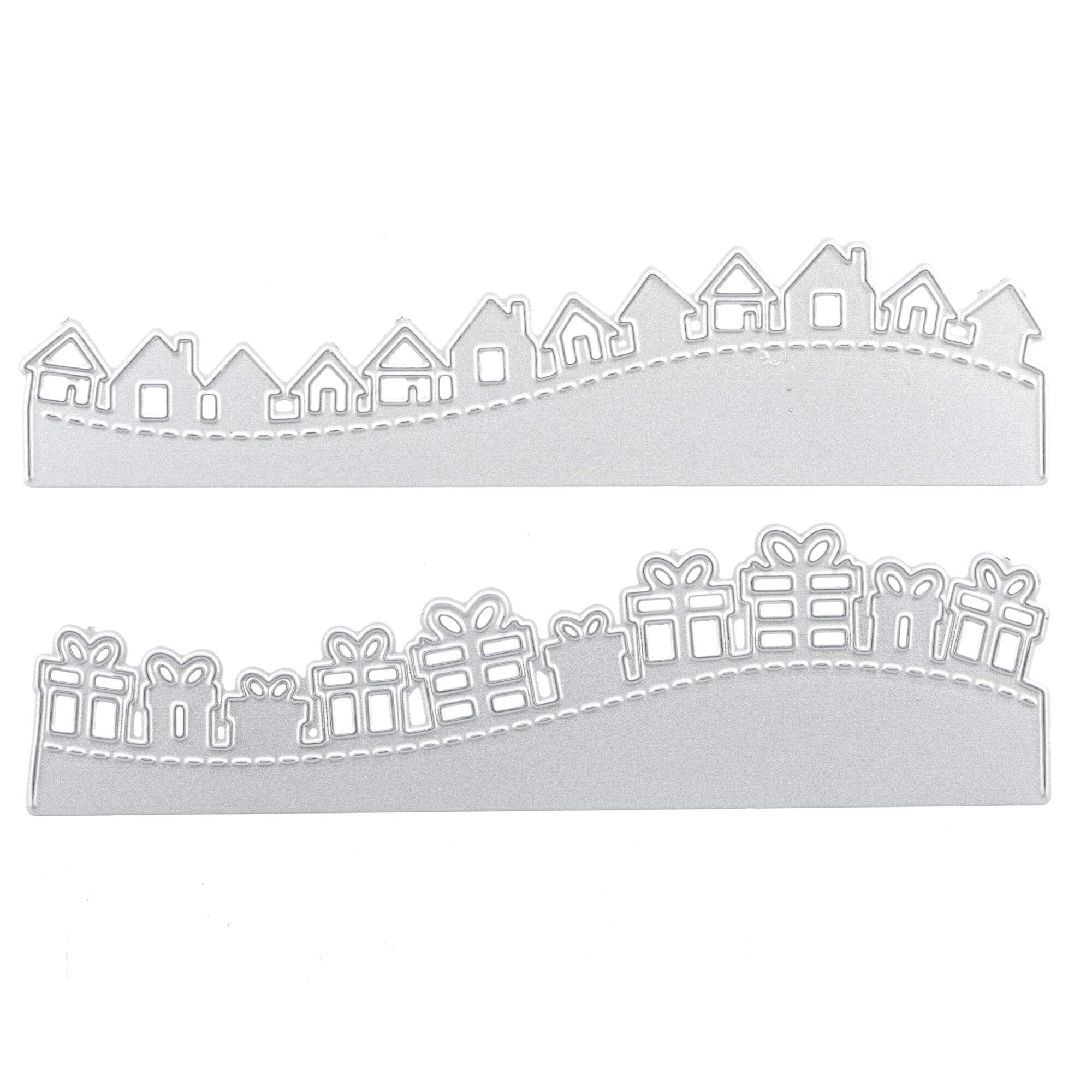 Die Stanzschablone: Geschenke/Häuserwelle von Stanzenshop.de enthält zwei silberne Stanzformen - eine mit Häusern auf einem geschwungenen Sockel, die andere mit verpackten Geschenken - ideal für kreative Geschenkanhänger oder einzigartige Geschenkideen.
