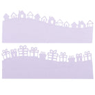 Die Stanzschablone: Geschenke/Häuserwelle von Stanzenshop.de stanzt lila Papier mit einer Häuserreihe oben und einer Geschenkboxenreihe unten, jeweils mit gewelltem Rand-ideal für Dekoration Zuhause oder Geschenkanhänger.