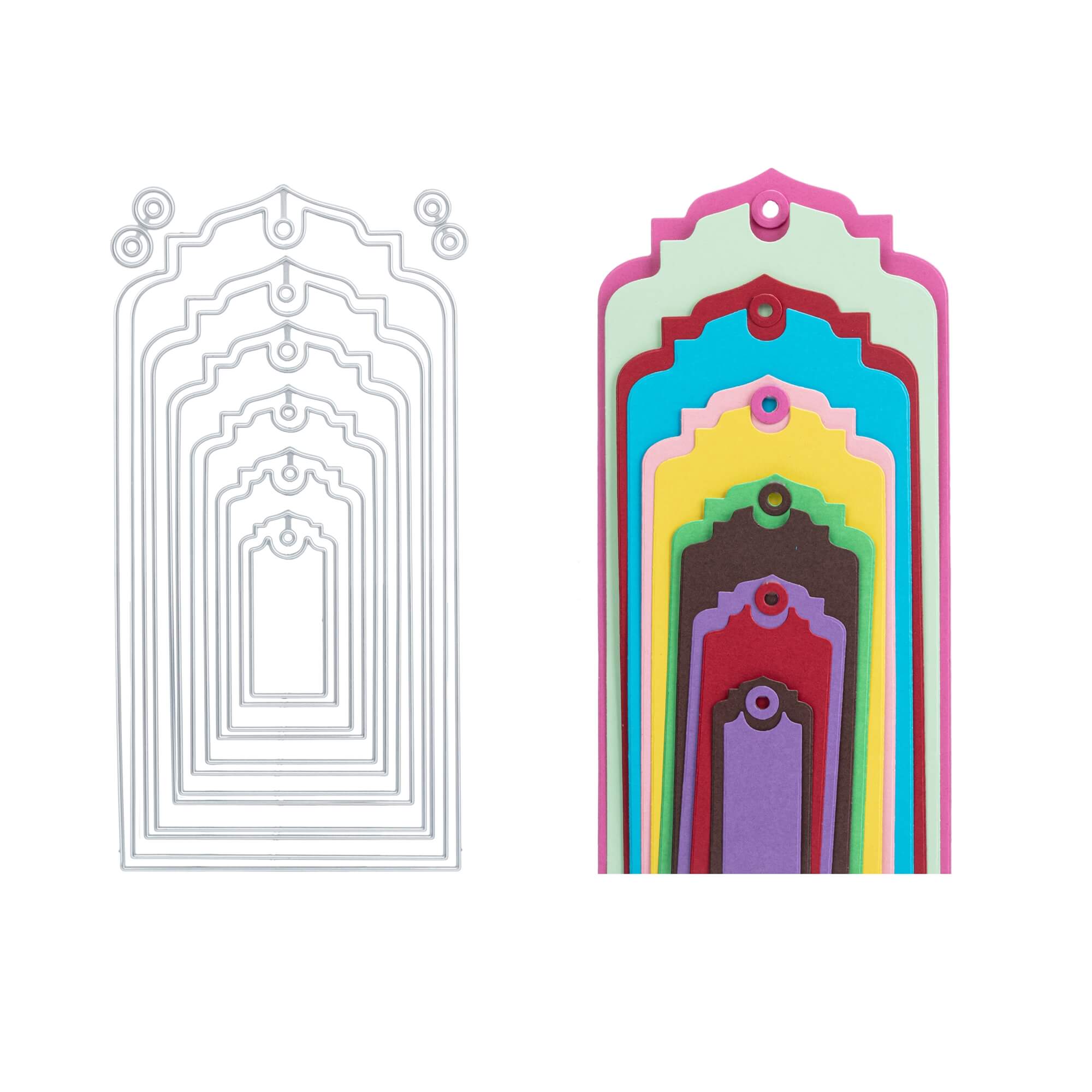 Stanzschablone: Tags mit Rand von Stanzenshop.de links und passende bunte Geschenkanhänger in verschiedenen Größen rechts nebeneinander auf weißem Hintergrund-ideal für Scrapbooking-Projekte.