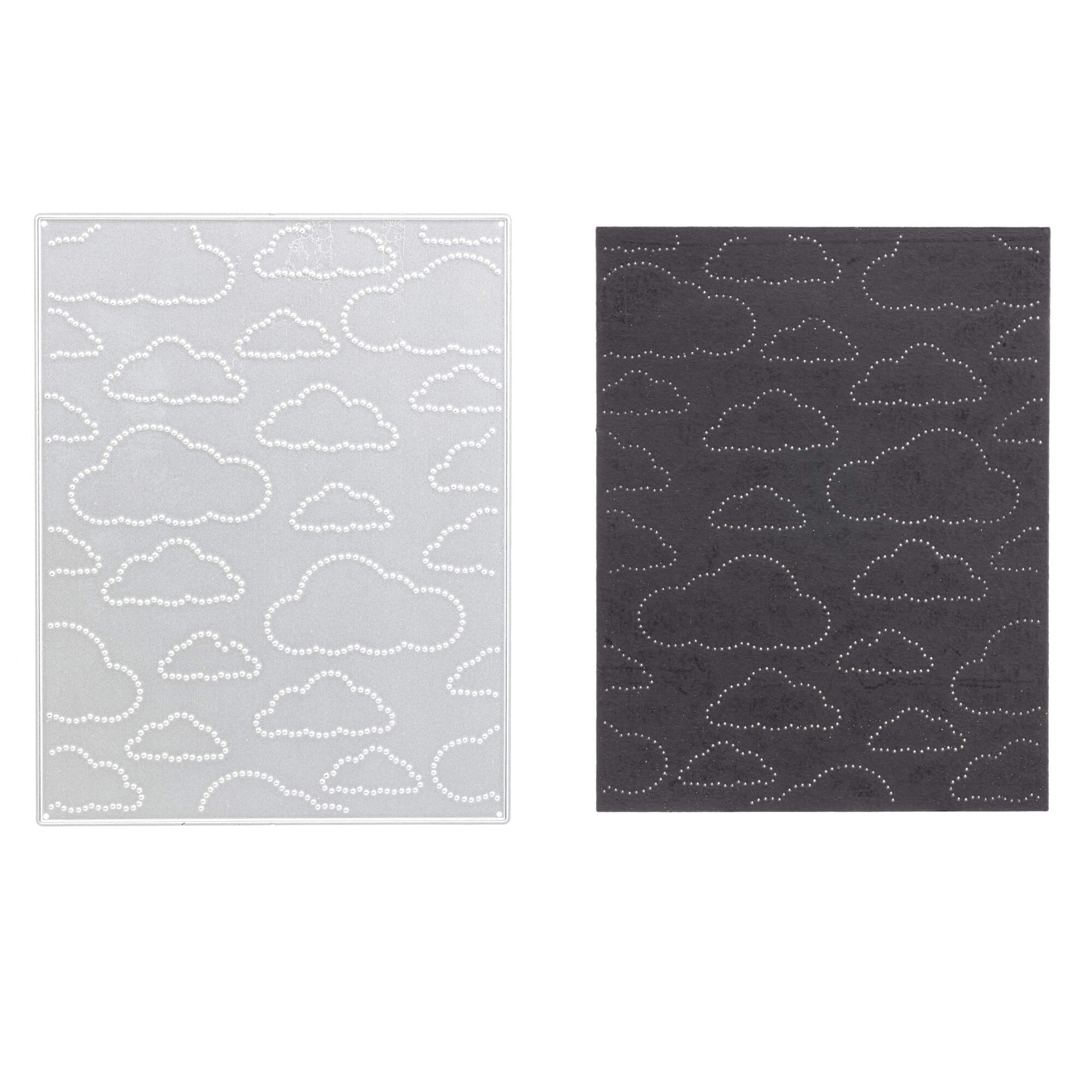 Zwei rechteckige Matten - eine hellgrau, eine dunkelgrau - zeigen das Wolkenmotive aus kleinen Punkten. Die Stanzschablone: Wolkenplatte von Stanzenshop.de ist perfekt, um Ihren Bastelprojekten Charme zu verleihen.