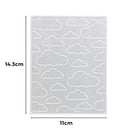 Die "Stanzschablone: Wolkenplatte" von Stanzenshop.de, eine rechteckige Stanzform mit geprägten Wolkenmustern (14,3×11 cm), ist auf weißem Hintergrund abgebildet - ideal für Bastelprojekte mit charmanten Wolkenmotiven.