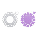 Die Stanzschablone "Stanzschablone: Herzrand" von Stanzenshop.de mit Herzformen und dem passenden lilafarbenen Papierausschnitt ist perfekt für Scrapbooking und kreative Bastelarbeiten.