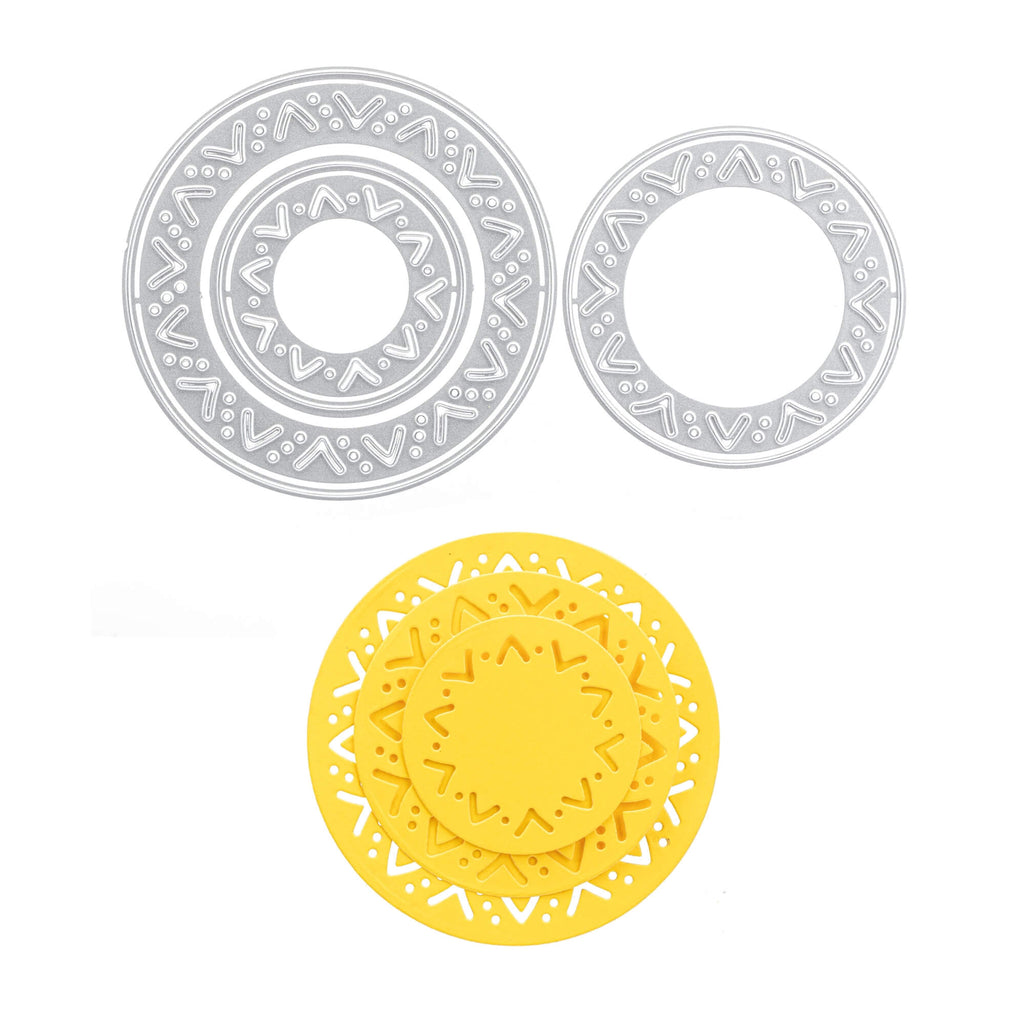 Ein Satz Stanzschablonen: Kreis mit Zackenrand von Stanzenshop.de mit einem gelb-weißen Design für Bastelprojekte.