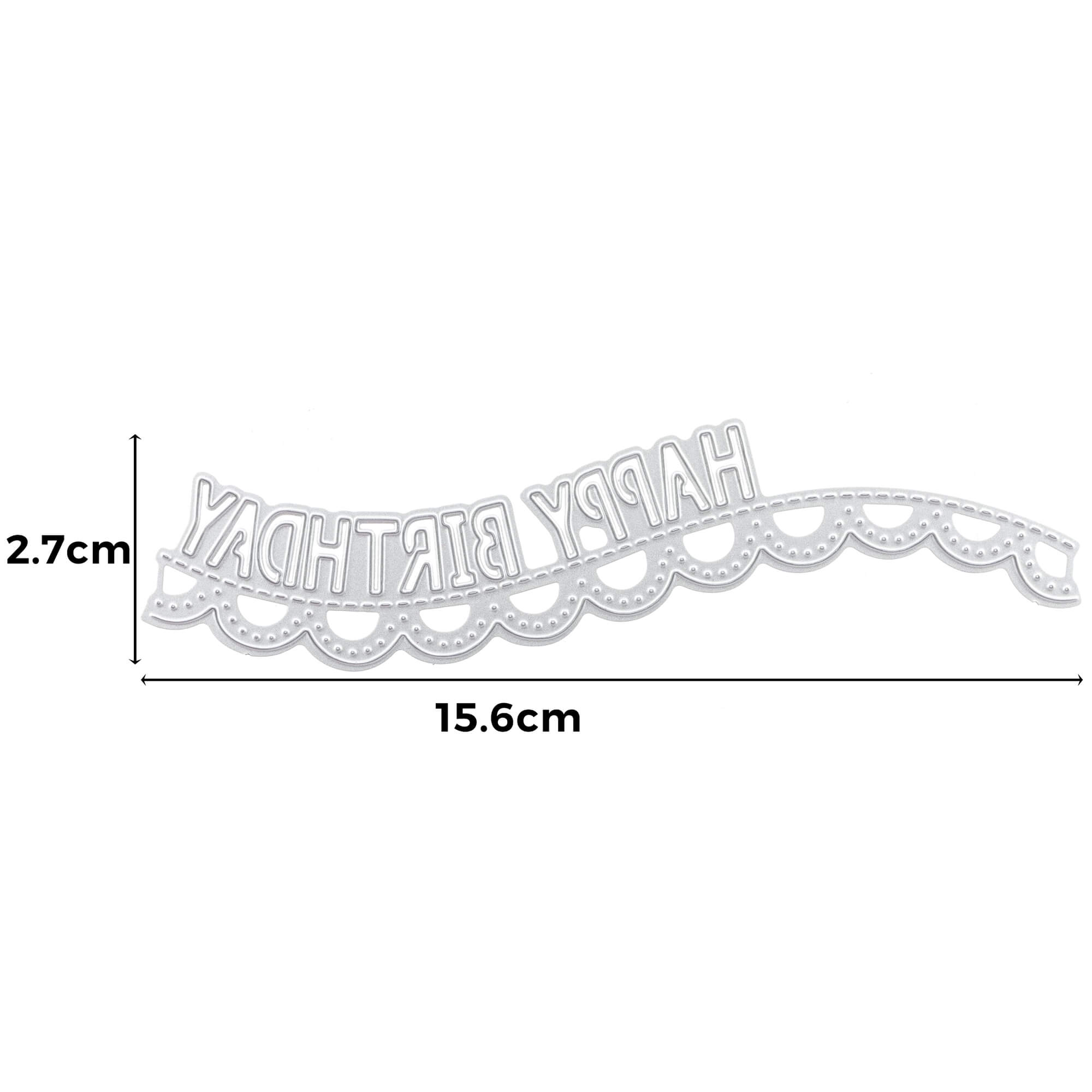 Die Stanzschablone: Happy Birthday Wimpel von Stanzenshop.de ist eine Metallstanze mit einem dekorativen Rand, ideal für Wimpeldeko oder Geburtstagskarten. Größe: 15,6 x 2,7 cm.