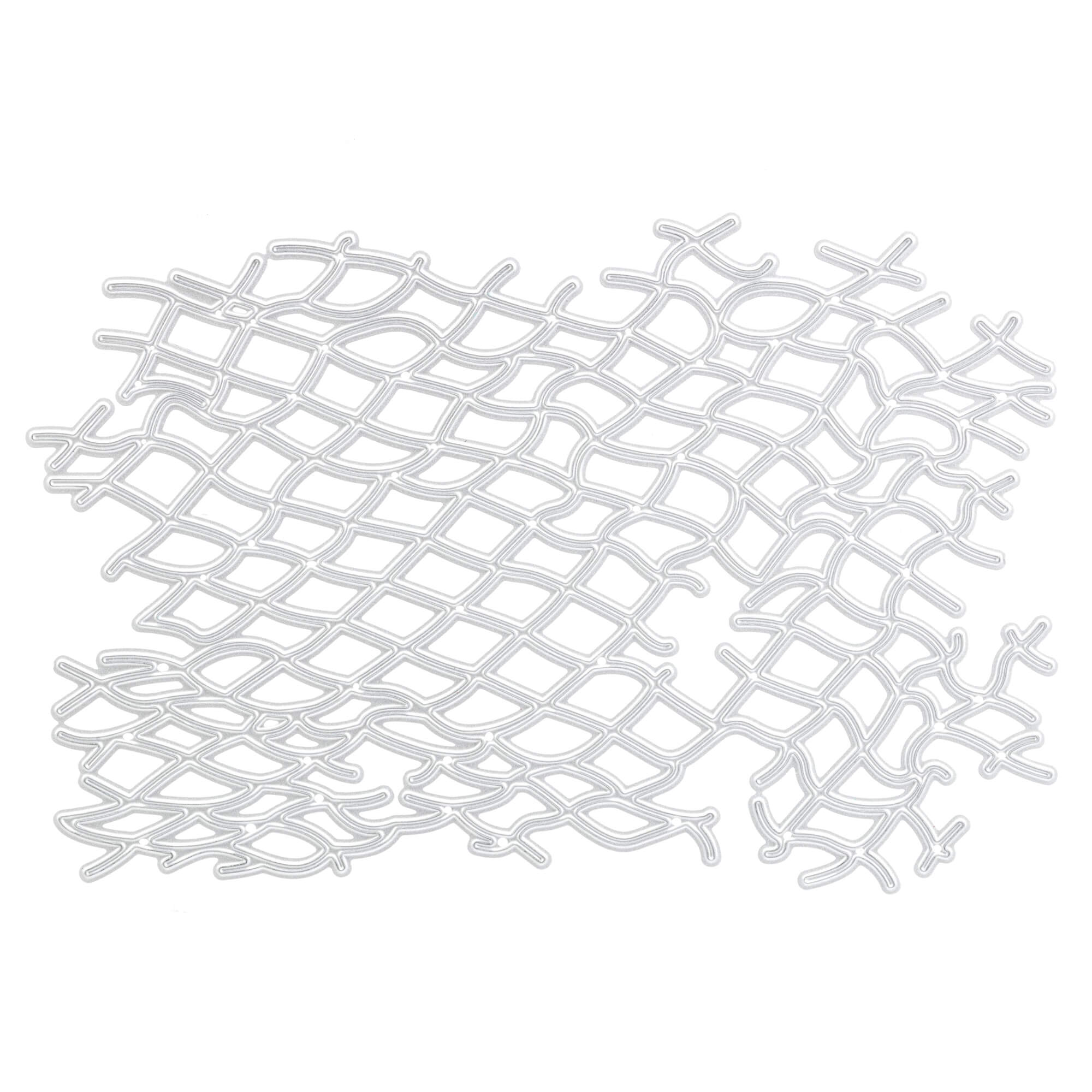 Ein verschlungenes, unregelmäßiges weißes Netz, das der Stanzschablone ähnelt: Fischernetz von Stanzenshop.de ist auf einem unifarbenen Hintergrund abgebildet - ideal für Basteln oder Scrapbooking-Projekte.