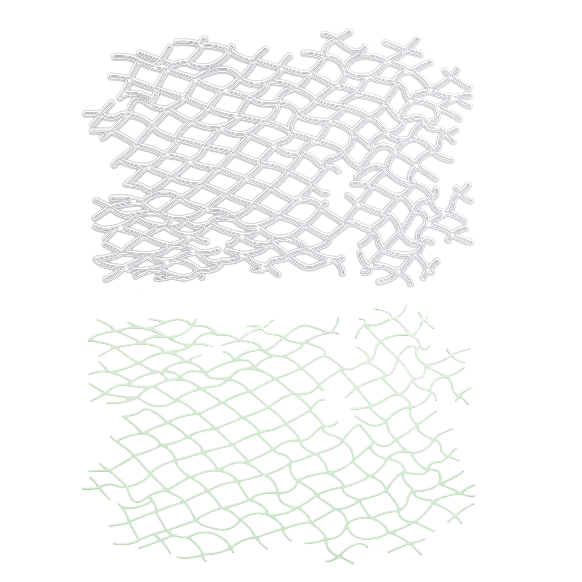 Zwei sich überlappende, unregelmäßige Gittermuster auf Weiß - Grau über Hellgrün - erzeugen einen maritimen Look, inspiriert von der Stanzenshop.de Stanzschablone: Fischernetz Scrapbooking Stanzform.